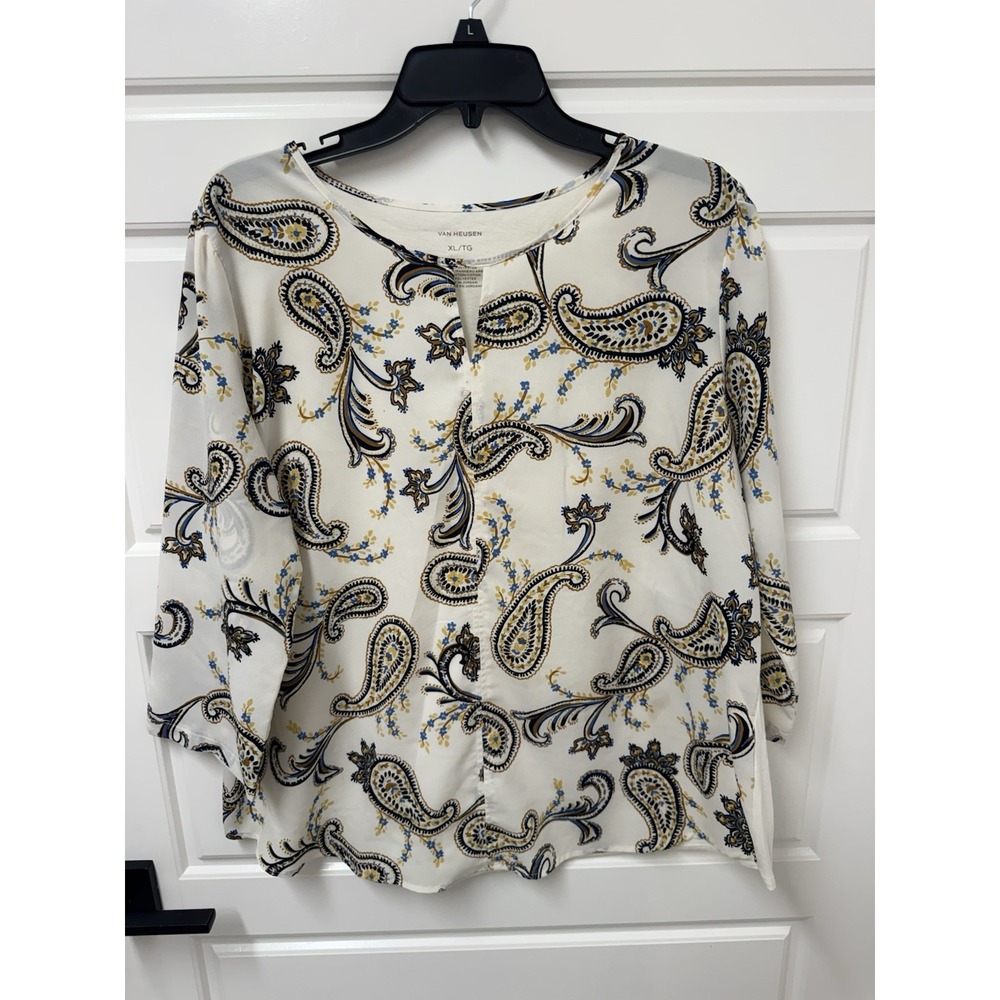 Van Heusen Women XL Paisley Print Pullover Blouse Mixed Media Knit Back Top